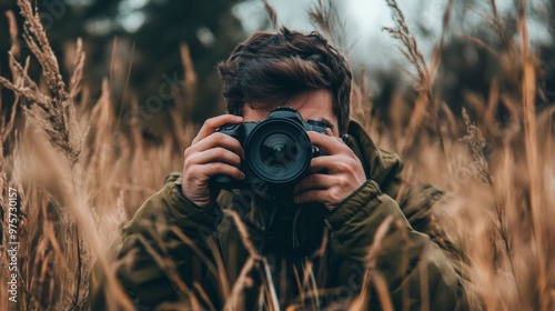 A photographer crouches in tall grass, holding a camera to his eye. photo