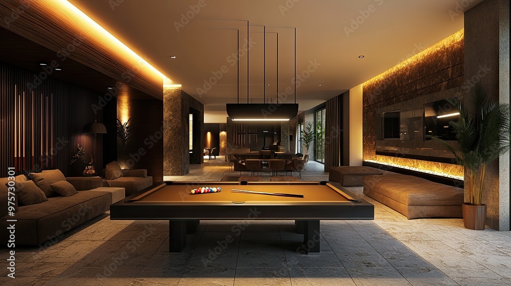 Fototapeta premium A stylishly designed game room centered around a modern pool table, with cozy seating and ambient lighting for an inviting atmosphere.