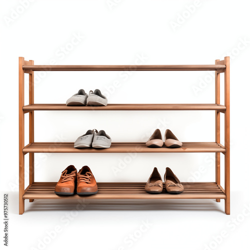 Wooden Shoe Rack with Brown and Beige Shoes photo