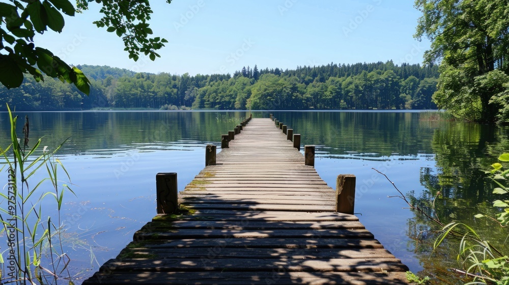 Obraz premium Wooden Dock Leading to a Tranquil Forest Lake