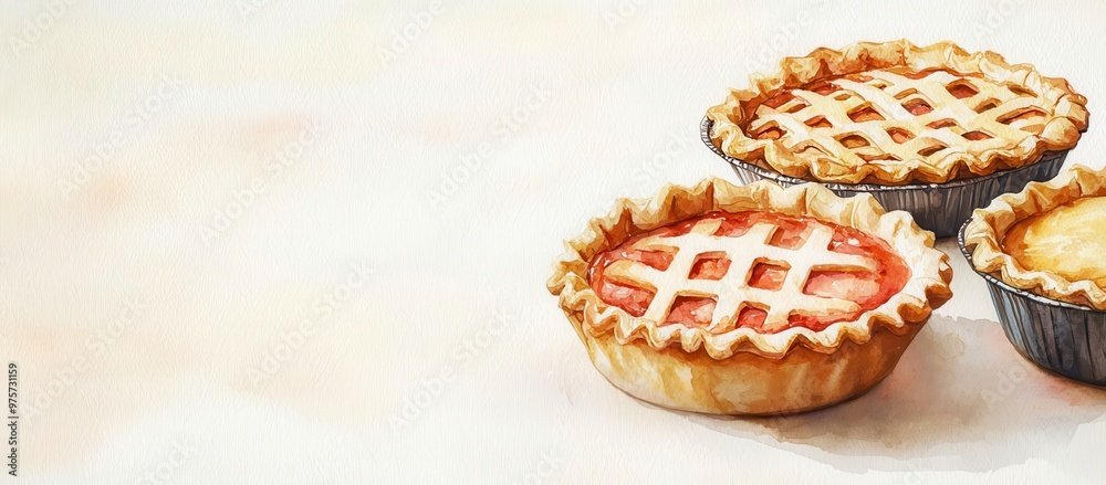 Watercolor of a Thanksgiving pie-baking competition, with family members showcasing their best pies in a friendly, joyful atmosphere Watercolor of a Thanksgiving pie-baking competition, with family members showcasing their best pies in a friendly, joyful atmosphere