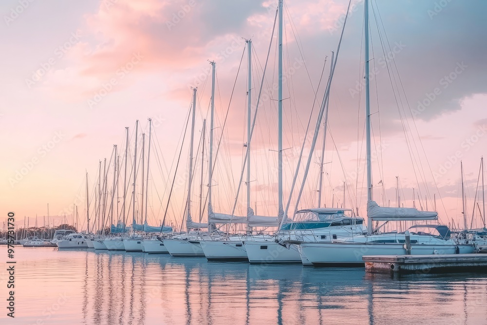 Elegant sailboats docked at marina under a pastel sky with reflective water and tall masts Elegant sailboats docked at marina under a pastel sky with reflective water and tall masts