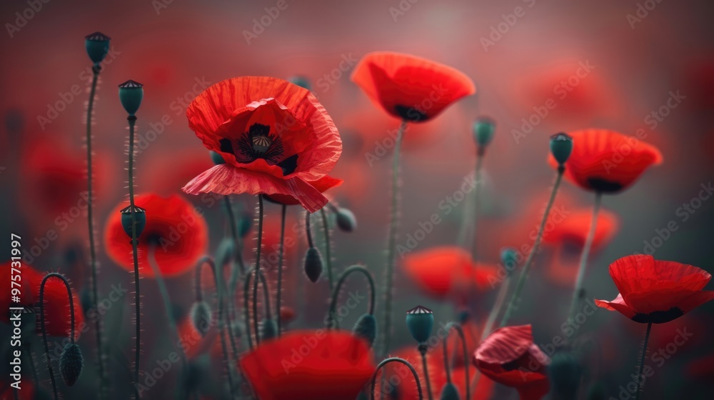 Fototapeta premium red moody poppy flower with blurred field background
