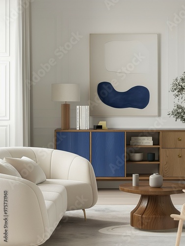 Modern living room with armchair, home interior design with furniture and coffee table