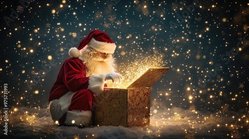 Santa Claus opens a magical Christmas gift box with glowing lights.