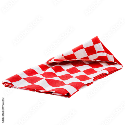 Red and white checkered picnic napkins folded into triangles placed under utensils isolated Summer freshness