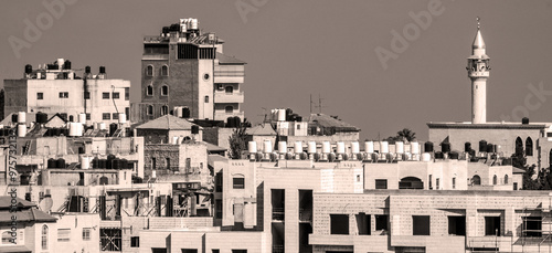 Sepia tone panorama of the skyline of Ramallah, Palestine