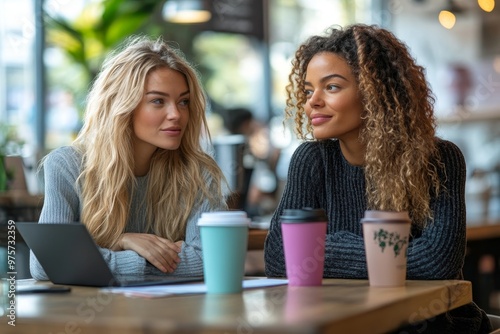 Businesswomen having a meeting in office working on reusable cups, Generative AI