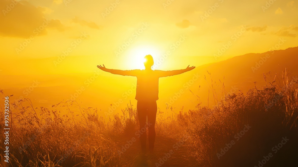 Fototapeta premium Silhouette of a Person with Outstretched Arms at Sunset