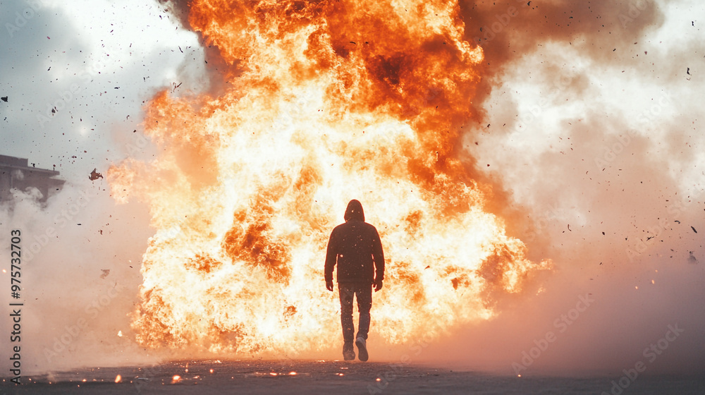 Fototapeta premium A figure walks confidently through a massive fire explosion at a dramatic outdoor location