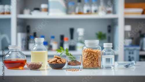 Laboratory Table with Samples Equipment and Ingredients for Food Research photo