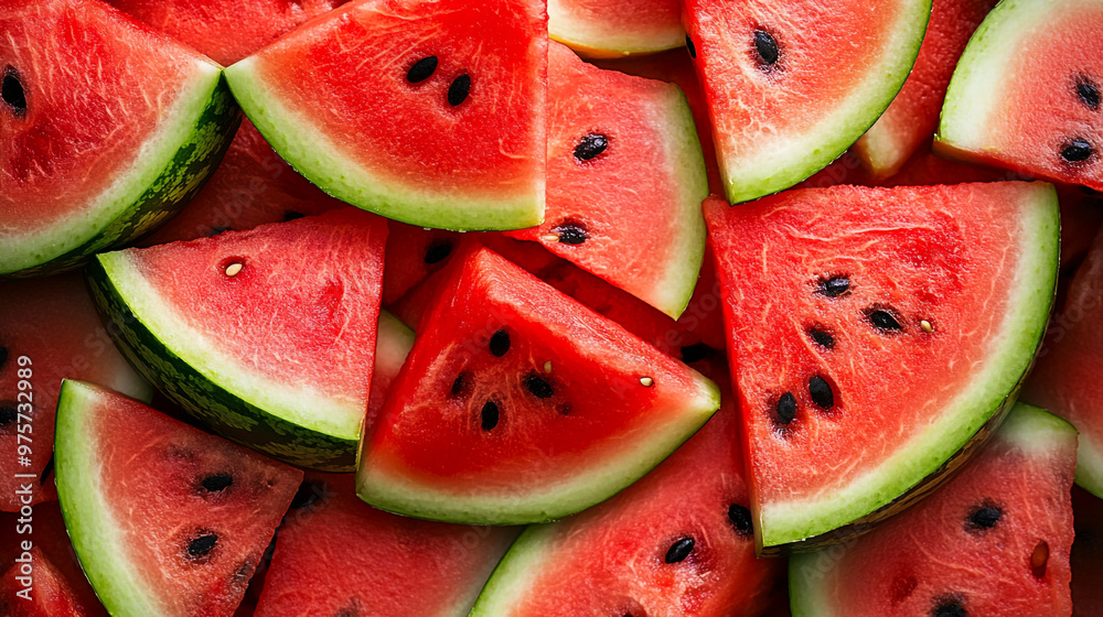 Freshly cut watermelon slices arranged beautifully on a table filled with summer vibes