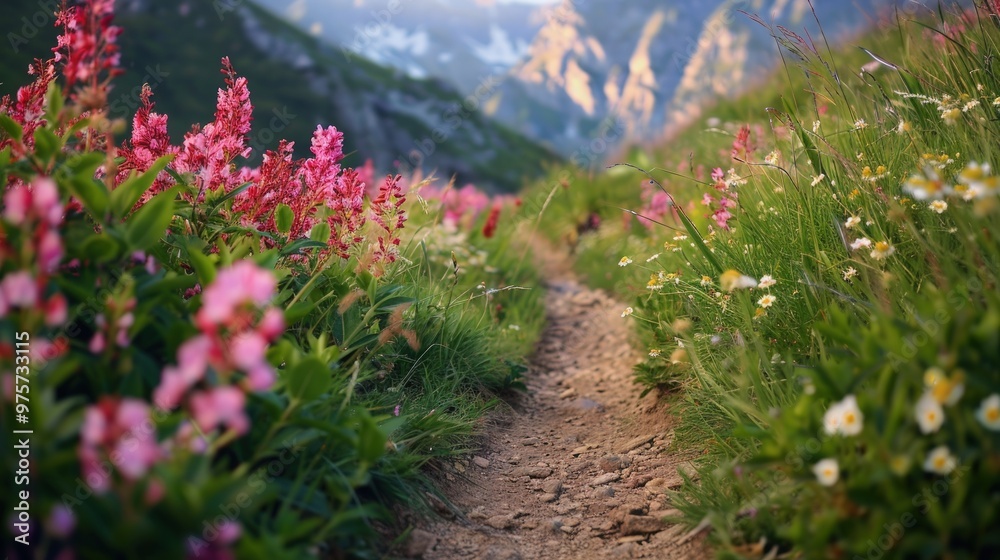 Obraz premium Mountain Path through Blooming Meadows