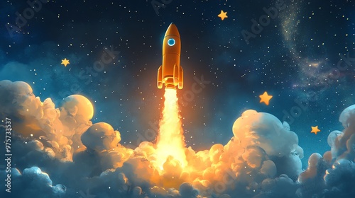 A yellow rocket ship bursts from clouds into the starry sky. photo