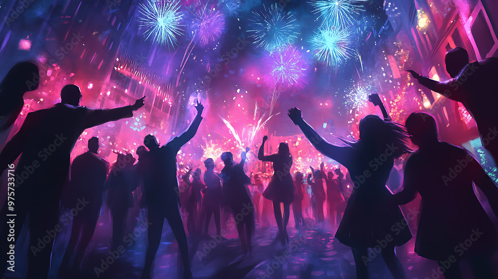A whimsical illustration of a New Year's Eve street party, with people dancing, music playing, and fireworks lighting up the night sky. A whimsical illustration of a New Year's Eve street party, with people dancing, music playing, and fireworks lighting up the night sky.
