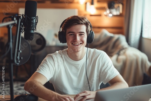 a young man sitting on a sofa in front of his microphone and headphones, smiling while talking to viewers on his podcast with studio lights in the background, content creator, streamer, youtuber
