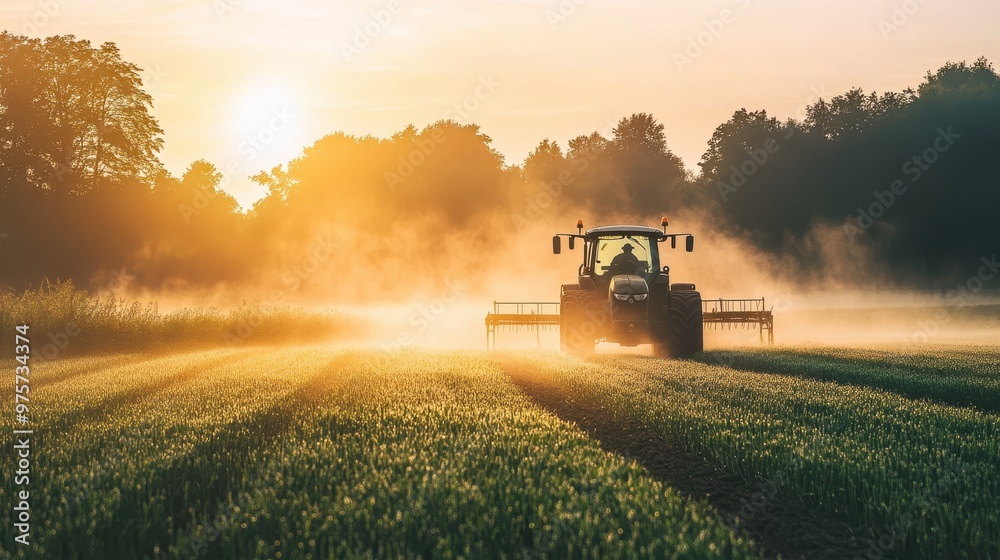 Fototapeta premium Sunrise Tractor Work in a Field