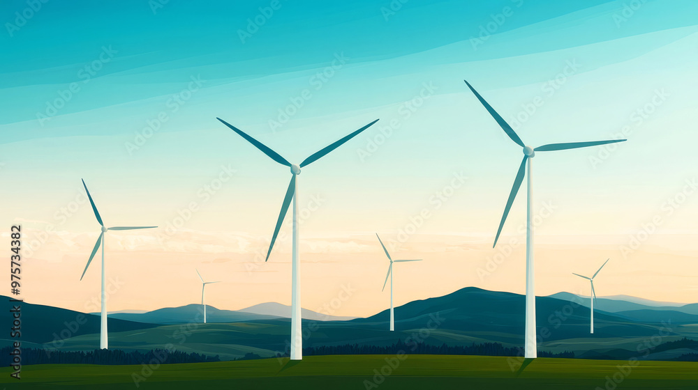 Wind farms in a rural landscape, clean energy production, flat design illustration Wind farms in a rural landscape, clean energy production, flat design illustration