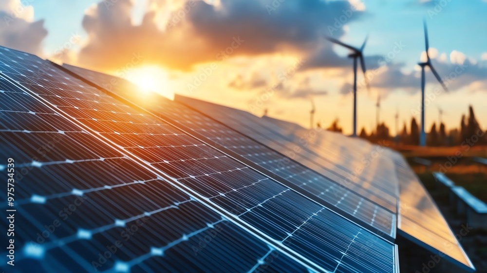 Fototapeta premium Solar panels and wind turbines at sunset, harnessing renewable energy. Clean and sustainable power sources in modern technology.