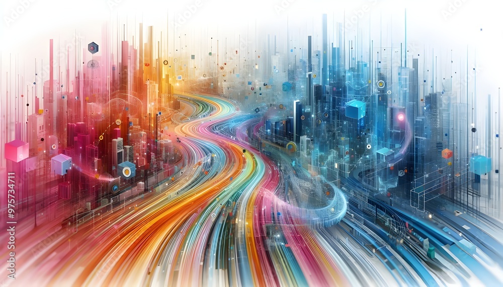 Colorful abstract digital data streams on white, concept of information technology dynamics. 3D Rendering