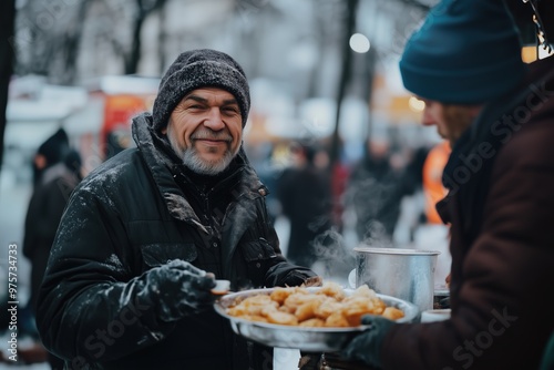 Volunteer serving hot meal to smiling homeless man photo