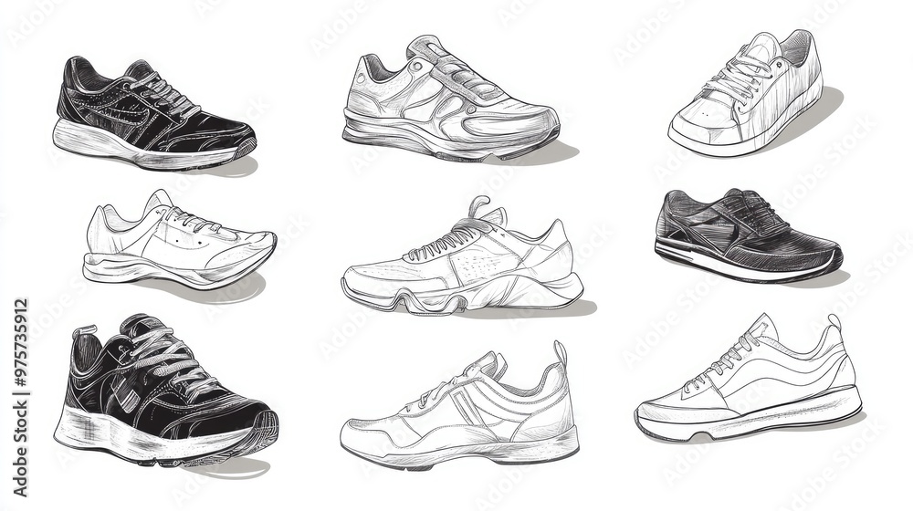 A set of nine hand-drawn sneakers. A set of nine hand-drawn sneakers.