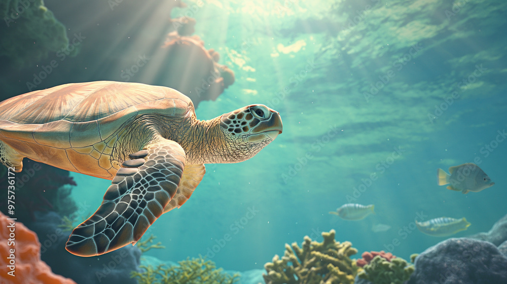 Fototapeta premium Green sea turtle swimming gracefully in a vibrant underwater coral reef environment