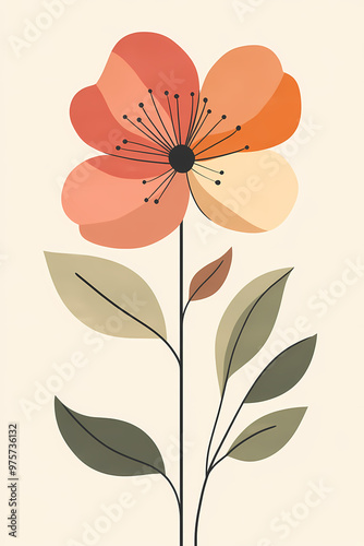 Create a mid-century modern art piece that showcases a stylized cherry blossom flower representing Tokyo The design should use warm earthy tones with muted pinks oranges and greens featuring simple