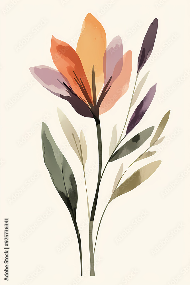 Naklejka premium Create a mid-century modern art piece that showcases a stylized lavender flower representing Lisbon The design should use warm earthy tones with muted pinks oranges and greens featuring simple flat
