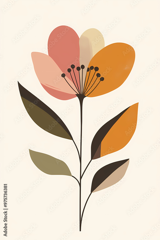 Create a mid-century modern art piece that showcases a stylized ipe flower representing Rio de Janeiro The design should use warm earthy tones with muted pinks oranges and greens featuring simple Create a mid-century modern art piece that showcases a stylized ipe flower representing Rio de Janeiro The design should use warm earthy tones with muted pinks oranges and greens featuring simple