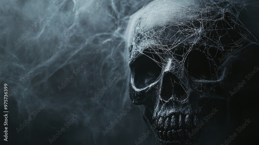 Detailed shot of a cobweb-covered skull with faint, eerie light shining through the cracks, set against a dark, misty background, Copy space, happy Halloween special background, spooky decor, eerie Detailed shot of a cobweb-covered skull with faint, eerie light shining through the cracks, set against a dark, misty background, Copy space, happy Halloween special background, spooky decor, eerie