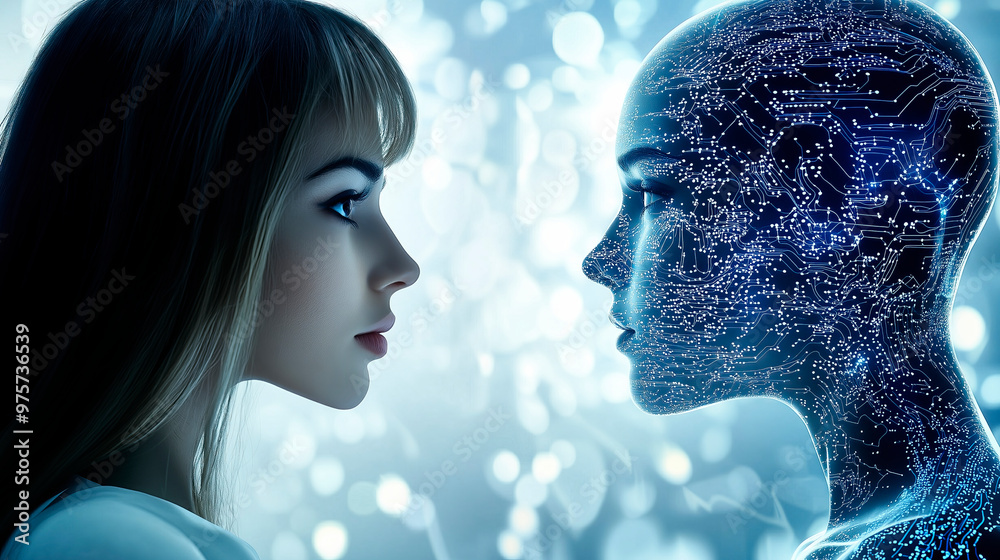 Woman looking at artificial intelligence humanoid robot illustration Woman looking at artificial intelligence humanoid robot illustration