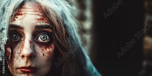 A close-up of a scary painted face staring directly into the camera with dark, smeared makeup. Intense eye contact and shadows enhance the eerie, unsettling atmosphere, with a dark, blurred background