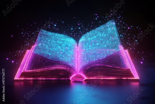 A creative depiction of a storybook featuring visual effects. Low-polygon style. Neon border design