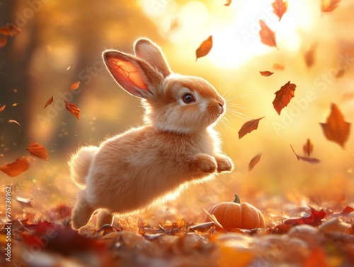 Adorable Bunny Rabbit Hopping in Autumn Leaves. generative ai illustration. photo