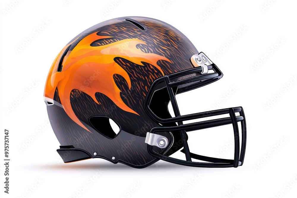 Fototapeta premium Football helmet with a flaming skull graphic, extreme sports theme, black and orange, isolated on white background