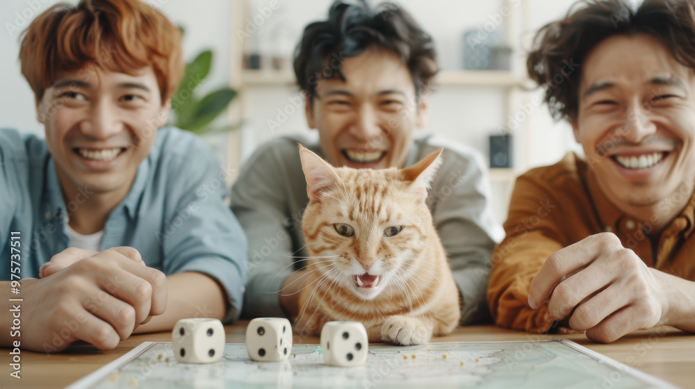 Obraz premium Cute cat with human team playing board game in house