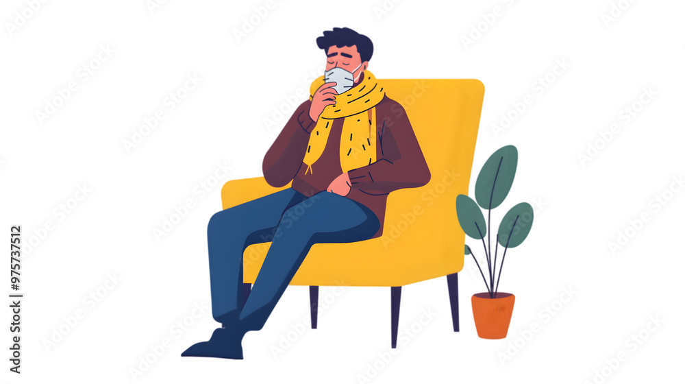 Man suffering from flu, 2D flat illustration, isolated on transparent background Man suffering from flu, 2D flat illustration, isolated on transparent background