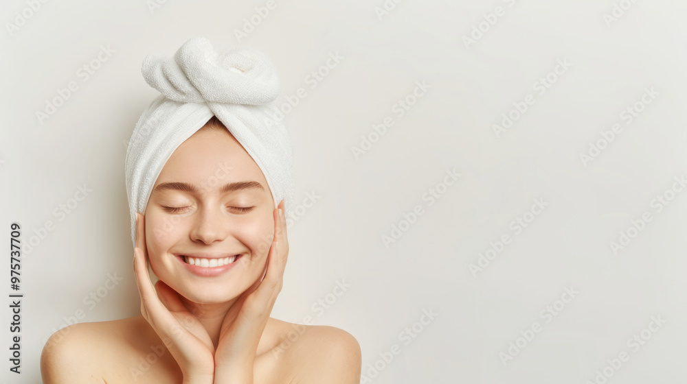 Smiling Caucasian young woman wearing a white towel on her head and washing her face and cleansing skin cosmetics beauty industry advertising photo. Copy space Smiling Caucasian young woman wearing a white towel on her head and washing her face and cleansing skin cosmetics beauty industry advertising photo. Copy space
