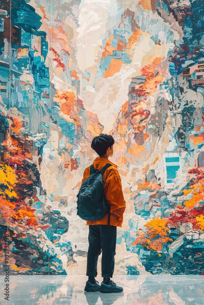 Obraz premium A man wearing a backpack stands in front of a colorful painting