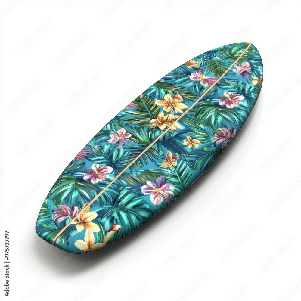 A sleek surfboard with tropical floral patterns, high-resolution 3D rendering, vibrant colors, isolated on white background A sleek surfboard with tropical floral patterns, high-resolution 3D rendering, vibrant colors, isolated on white background