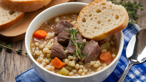 A hearty bowl of beef and barley soup with tender chunks of beef, barley, carrots, and celery, garnished with fresh thyme and served with a slice of crusty bread.   photo