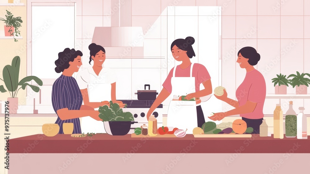Women Prepare a Meal Together in a Modern Kitchen Women Prepare a Meal Together in a Modern Kitchen