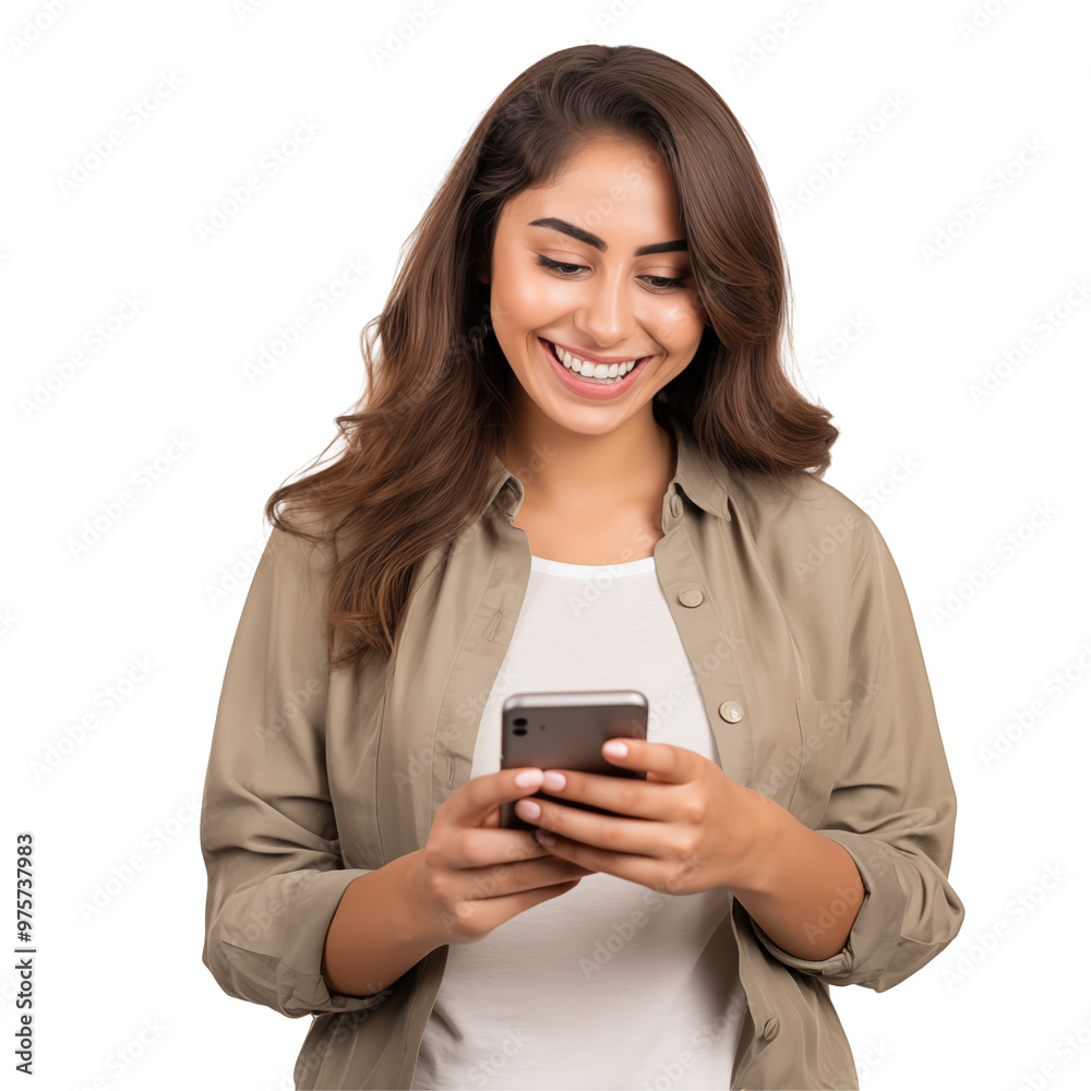 Smiling Woman in Casual Outfit Holding Smartphone and Looking at Screen Smiling Woman in Casual Outfit Holding Smartphone and Looking at Screen