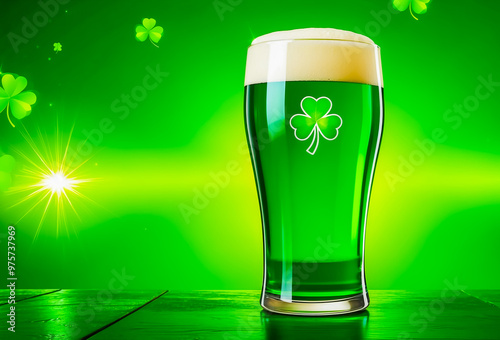 Full green beer glass with shamrock on glowing green background.
