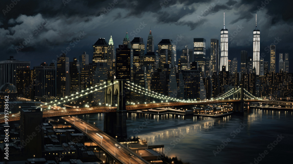 Obraz premium A beautiful city skyline illuminated at night with a bridge nearby
