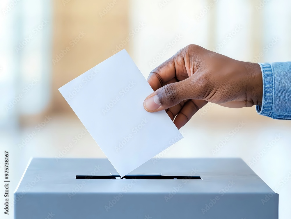 A hand casting a vote into a ballot box, symbolizing democracy and civic engagement during elections. A hand casting a vote into a ballot box, symbolizing democracy and civic engagement during elections.