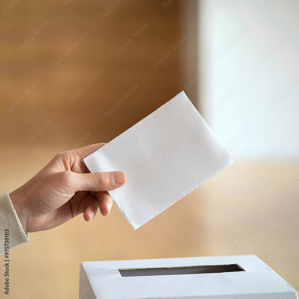 A hand placing a white envelope into a ballot box, symbolizing voting and civic engagement. A hand placing a white envelope into a ballot box, symbolizing voting and civic engagement.