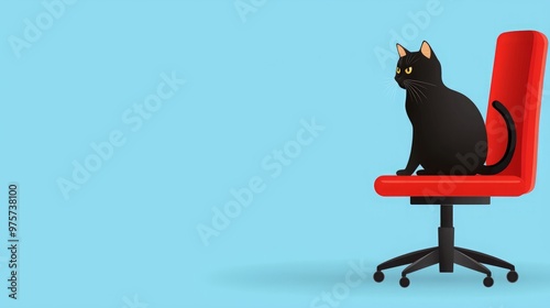 A playful black cat sitting on a red swivel chair against a blue background, ideal for pet and interior design imagery. photo