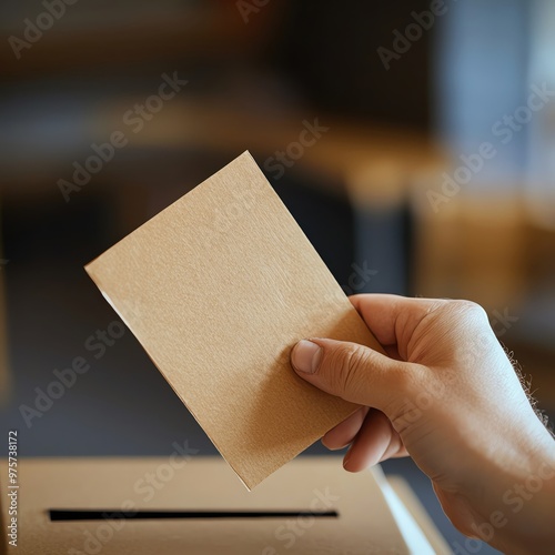 A hand holding a brown ballot in front of a voting box, symbolizing civic engagement and democratic participation.